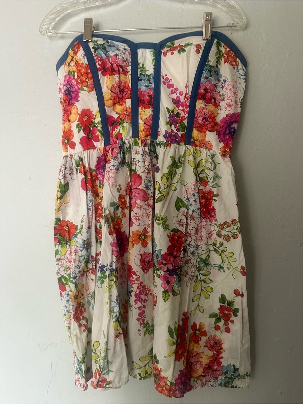 Strapless White Floral Sundress with Blue Trim